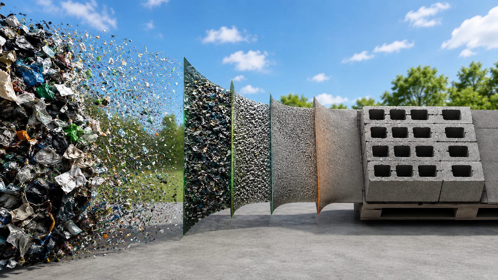 Household waste transforming, layer by layer, into grey concrete masonry blocks